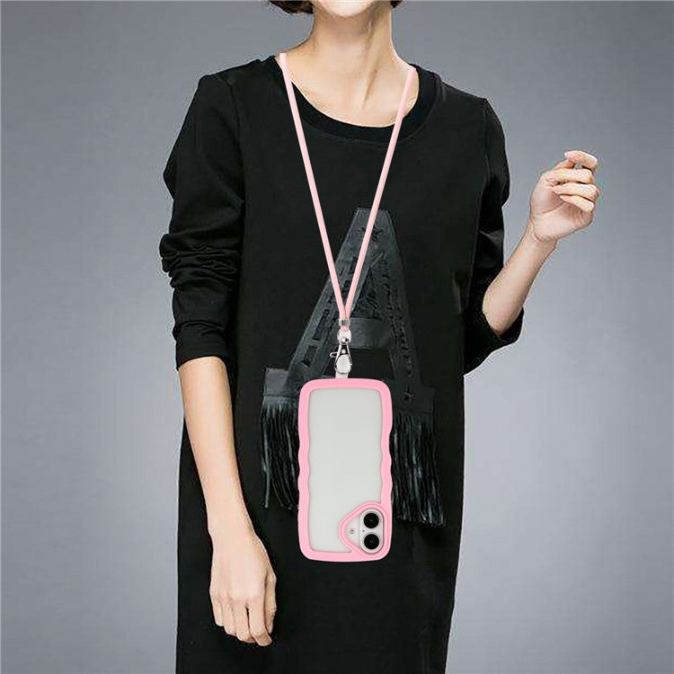 For iPhone 16 Case Wavy Edge Design PC + TPU Shockproof Phone Cover with Adjustable Lanyard - Pink