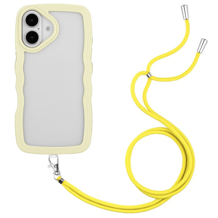For iPhone 16 Plus Case Wavy Edge Design PC + TPU Shockproof Phone Cover with Adjustable Lanyard - Yellow