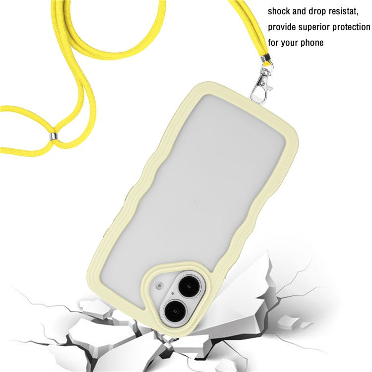 For iPhone 16 Plus Case Wavy Edge Design PC + TPU Shockproof Phone Cover with Adjustable Lanyard - Yellow