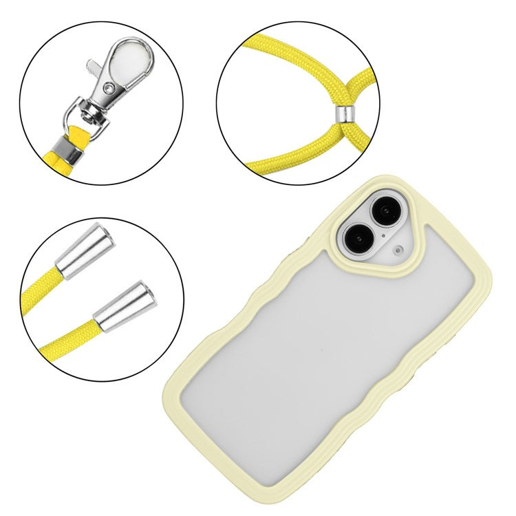 For iPhone 16 Plus Case Wavy Edge Design PC + TPU Shockproof Phone Cover with Adjustable Lanyard - Yellow
