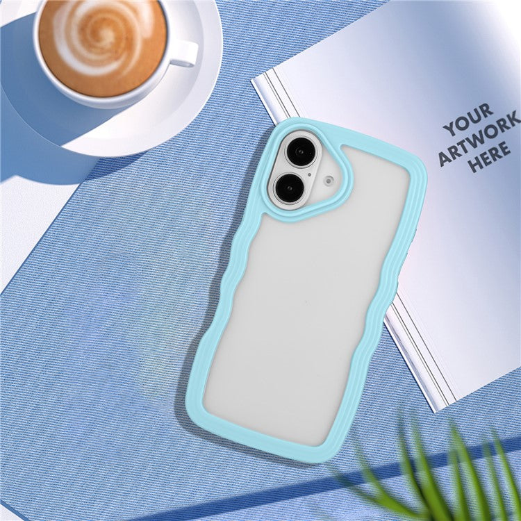 For iPhone 16 Case Wavy Edge Design PC + TPU Shockproof Phone Cover - Sky Blue