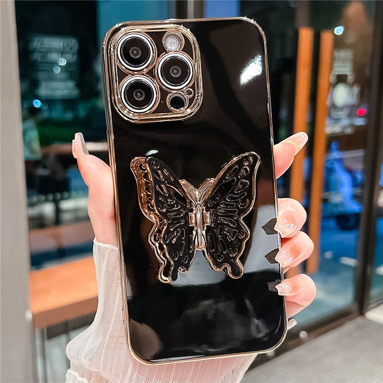 For iPhone 16 Pro Case Butterfly Kickstand TPU Electroplating Phone Cover - Black
