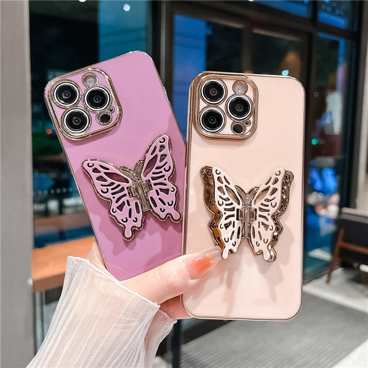 For iPhone 16 Pro Case Butterfly Kickstand TPU Electroplating Phone Cover - Black
