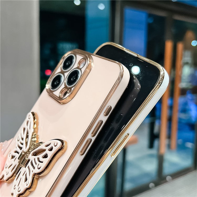 For iPhone 16 Pro Case Butterfly Kickstand TPU Electroplating Phone Cover - Black