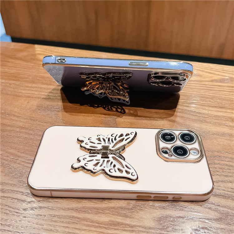 For iPhone 16 Pro Case Butterfly Kickstand TPU Electroplating Phone Cover - Black