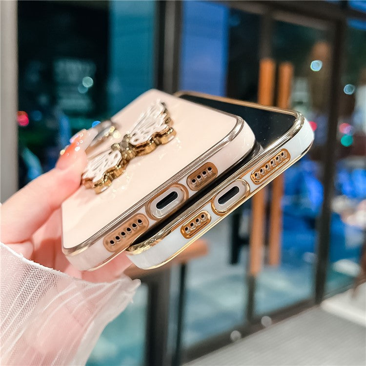 For iPhone 16 Pro Case Butterfly Kickstand TPU Electroplating Phone Cover - Black