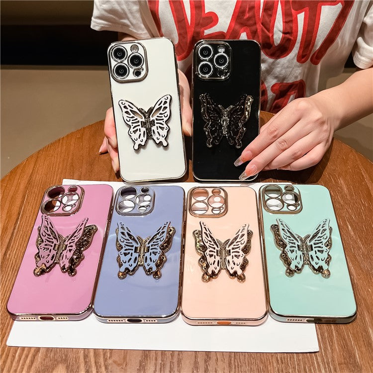 For iPhone 16 Pro Case Butterfly Kickstand TPU Electroplating Phone Cover - Black