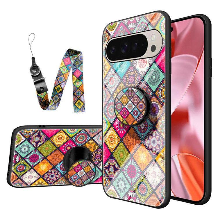 For Google Pixel 9 Pro / 9 Case Kickstand Ethnic Pattern Tempered Glass Phone Cover with Strap - Color Pattern