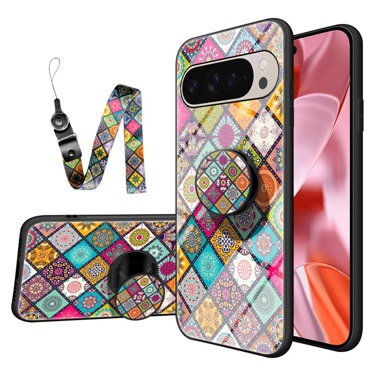 For Google Pixel 9 Pro / 9 Case Kickstand Ethnic Pattern Tempered Glass Phone Cover with Strap - Checkered Pattern
