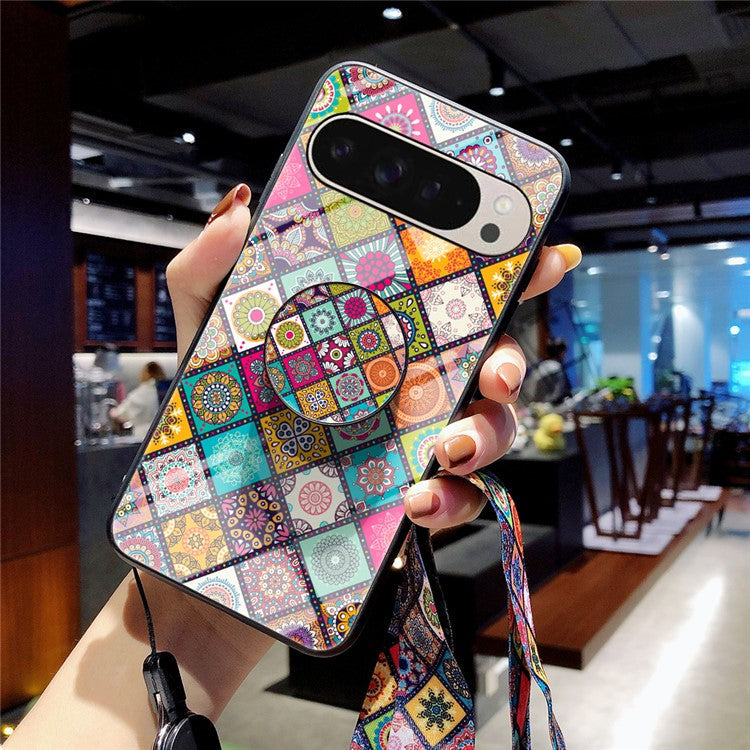 For Google Pixel 9 Pro / 9 Case Kickstand Ethnic Pattern Tempered Glass Phone Cover with Strap - Checkered Pattern
