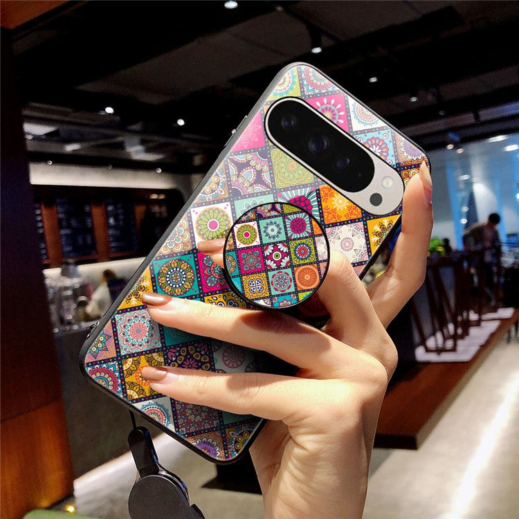 For Google Pixel 9 Pro / 9 Case Kickstand Ethnic Pattern Tempered Glass Phone Cover with Strap - Checkered Pattern