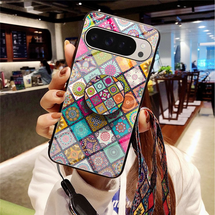 For Google Pixel 9 Pro / 9 Case Kickstand Ethnic Pattern Tempered Glass Phone Cover with Strap - Checkered Pattern
