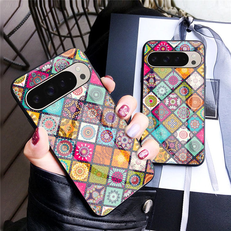 For Google Pixel 9 Pro / 9 Case Kickstand Ethnic Pattern Tempered Glass Phone Cover with Strap - Checkered Pattern