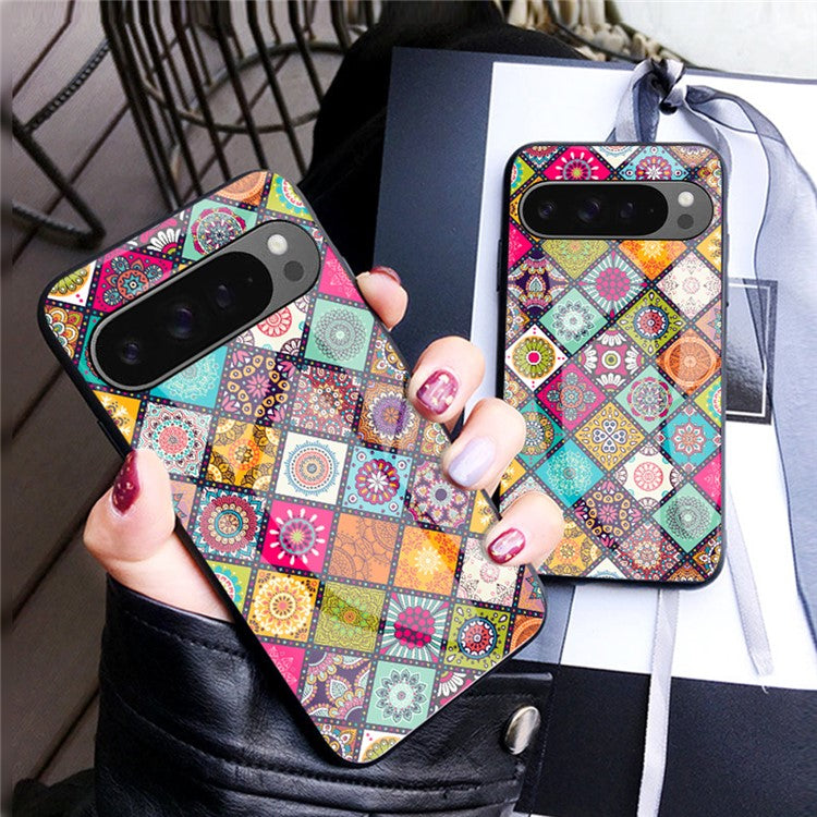 For Google Pixel 9 Pro XL Case Kickstand Ethnic Pattern Tempered Glass Phone Cover with Strap - Color Pattern