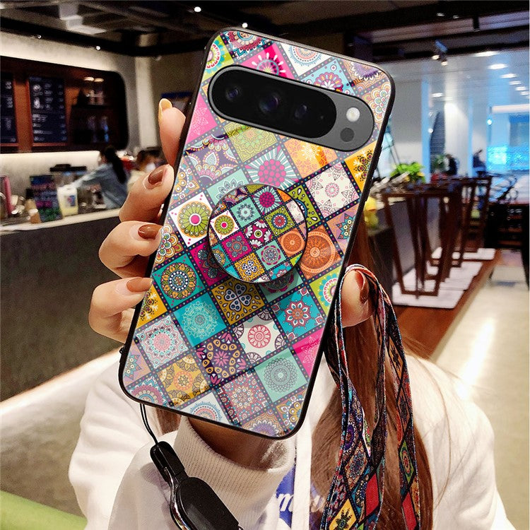 For Google Pixel 9 Pro XL Case Kickstand Ethnic Pattern Tempered Glass Phone Cover with Strap - Checkered Pattern