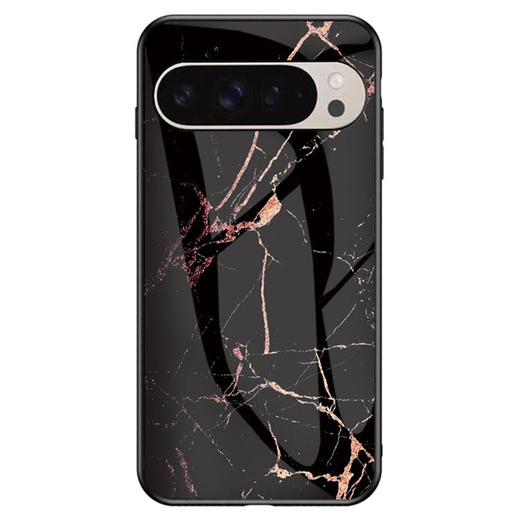 For Google Pixel 9 Pro / 9 Case Marble Pattern Tempered Glass+PC+TPU Protective Phone Cover - Gold Black Marble