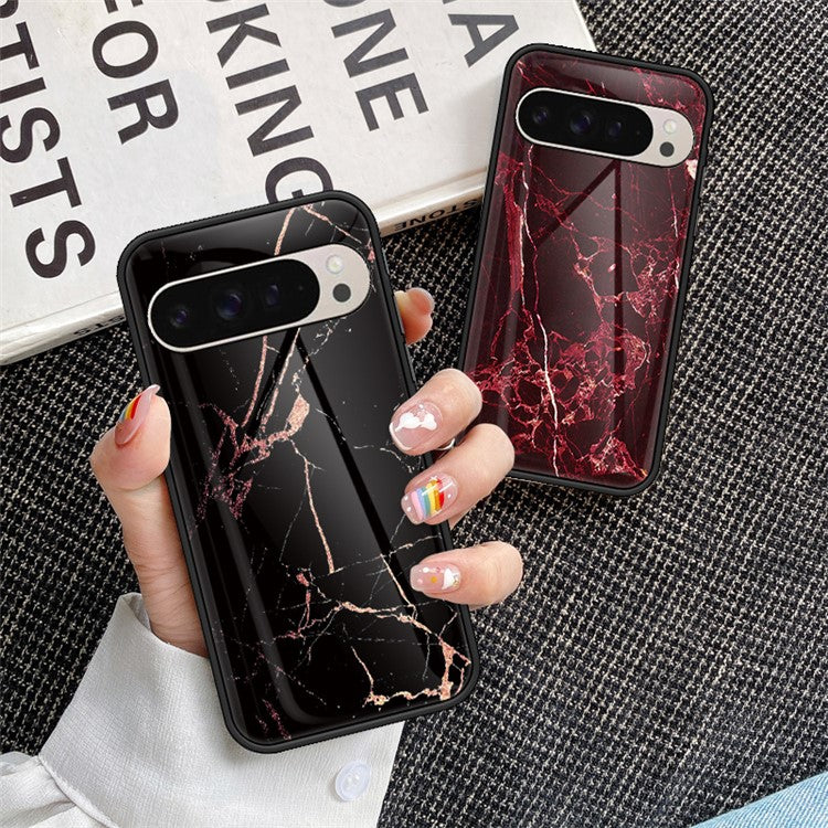 For Google Pixel 9 Pro / 9 Case Marble Pattern Tempered Glass+PC+TPU Protective Phone Cover - Gold Black Marble