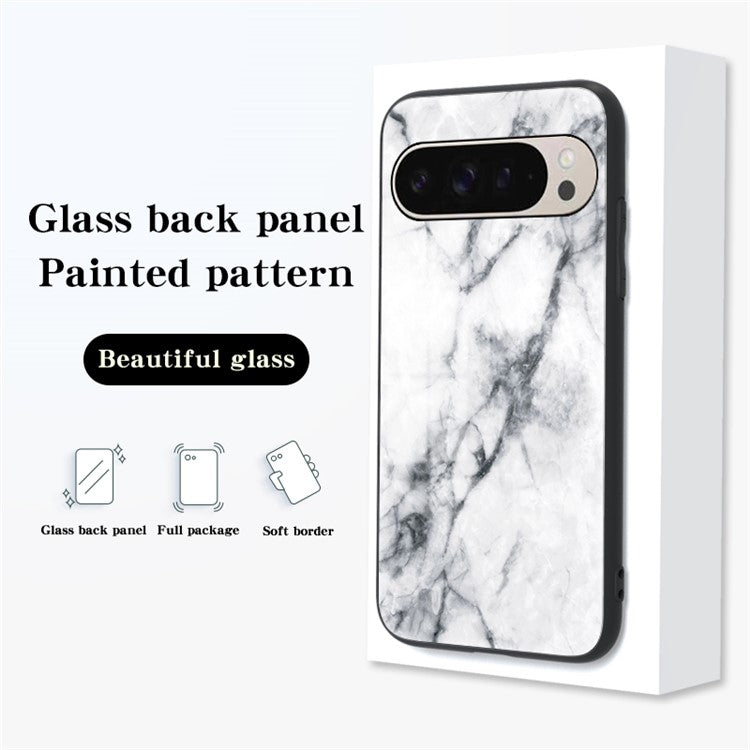For Google Pixel 9 Pro / 9 Case Marble Pattern Tempered Glass+PC+TPU Protective Phone Cover - White Marble