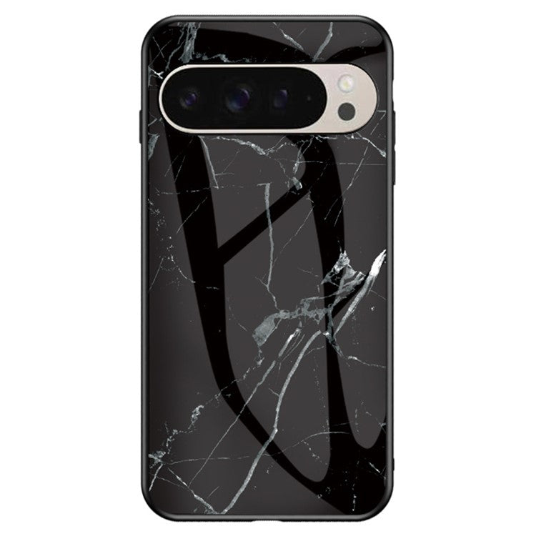 For Google Pixel 9 Pro / 9 Case Marble Pattern Tempered Glass+PC+TPU Protective Phone Cover - Black Marble