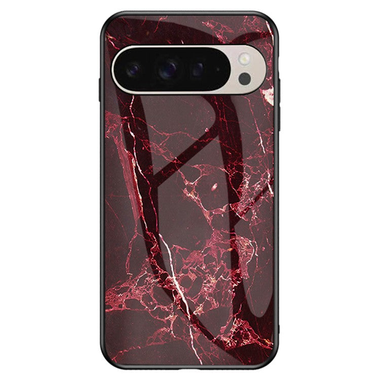 For Google Pixel 9 Pro / 9 Case Marble Pattern Tempered Glass+PC+TPU Protective Phone Cover - Blood Red Marble
