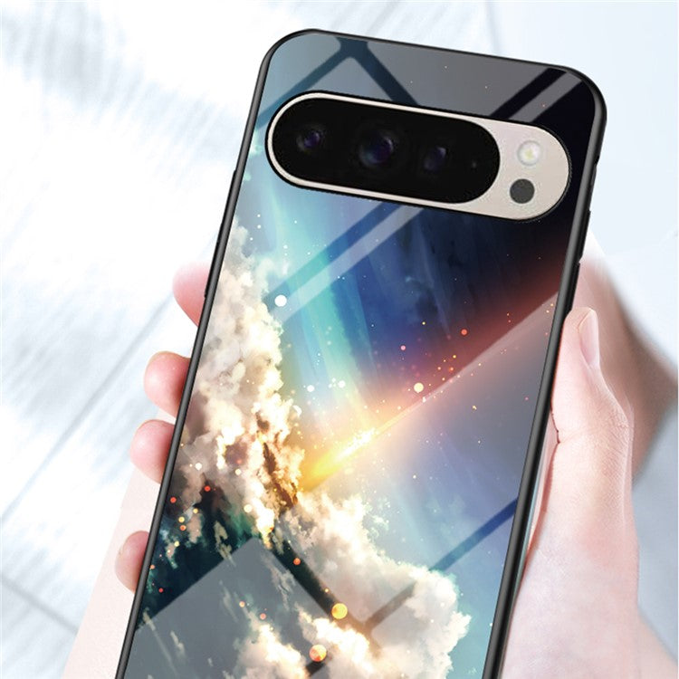 For Google Pixel 9 / Pixel 9 Pro Case Starry Sky Pattern Tempered Glass Phone Cover - Starry Crescent Moon