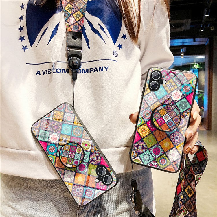 For iPhone 16 Plus Case Kickstand Ethnic Pattern Tempered Glass Phone Cover with Strap - Color Pattern