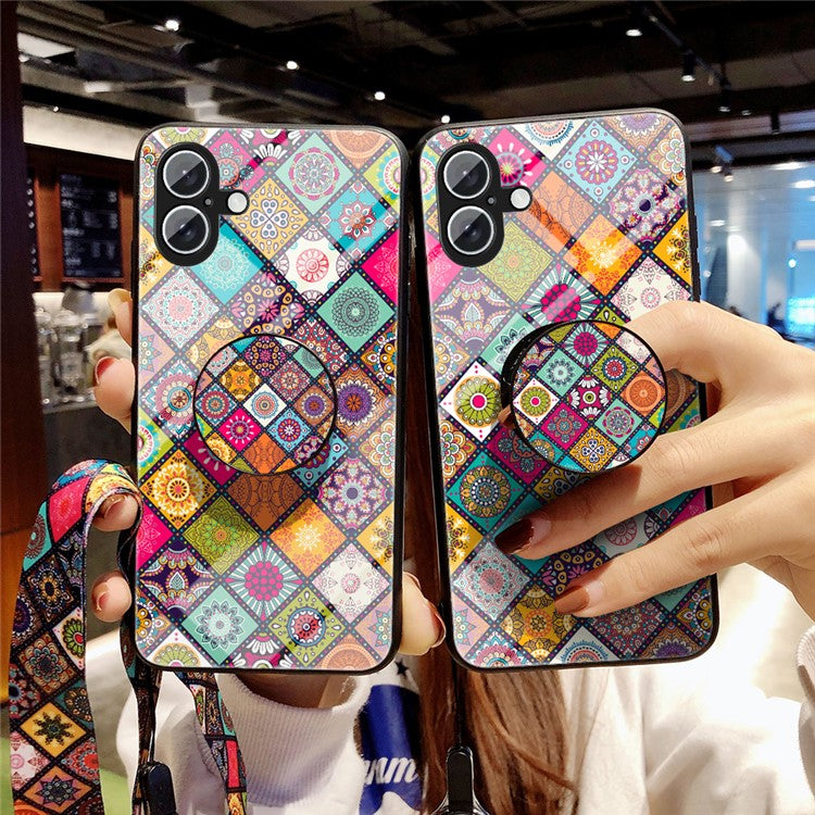 For iPhone 16 Plus Case Kickstand Ethnic Pattern Tempered Glass Phone Cover with Strap - Color Pattern