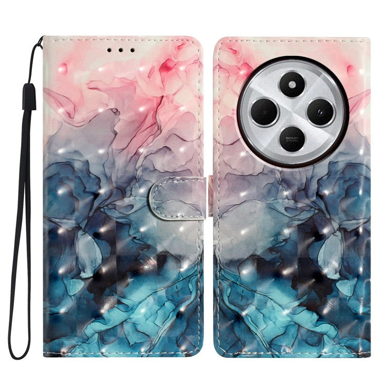 For Xiaomi Poco C75 4G / Redmi 14R 5G / 14C 4G Case PU Leather 3D Pattern Printing Wallet Phone Cover - Pink Blue Marble