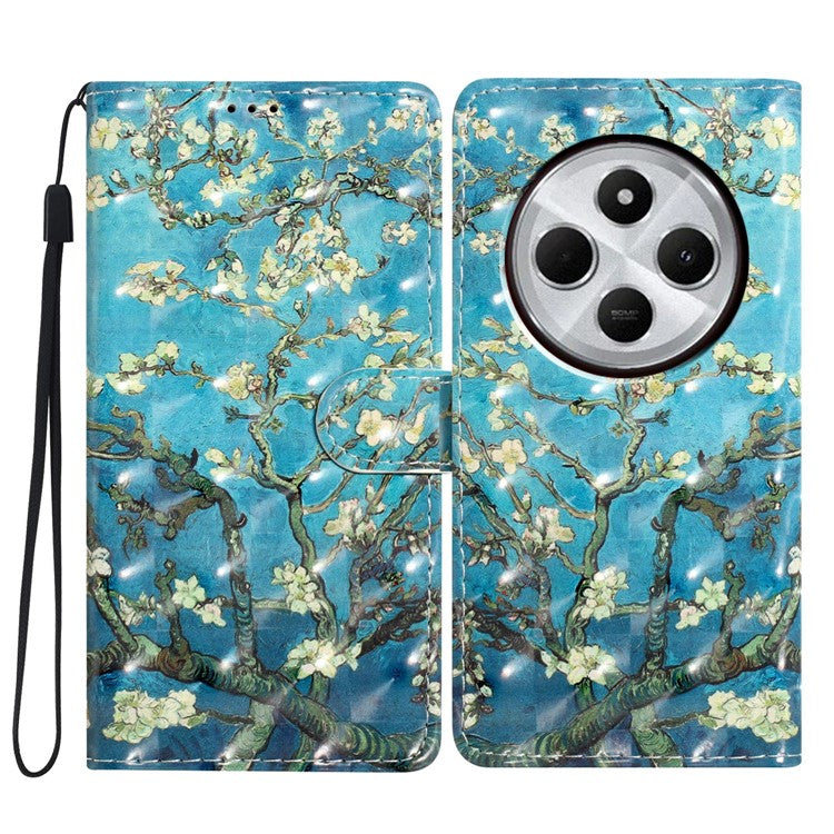 For Xiaomi Poco C75 4G / Redmi 14R 5G / 14C 4G Case PU Leather 3D Pattern Printing Wallet Phone Cover - Apricot Blossom