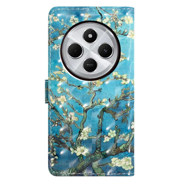 For Xiaomi Poco C75 4G / Redmi 14R 5G / 14C 4G Case PU Leather 3D Pattern Printing Wallet Phone Cover - Apricot Blossom