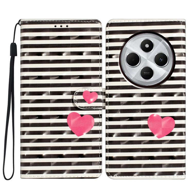 For Xiaomi Poco C75 4G / Redmi 14R 5G / 14C 4G Case PU Leather 3D Pattern Printing Wallet Phone Cover - Stripes / Heart