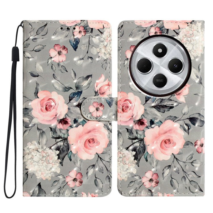 For Xiaomi Poco C75 4G / Redmi 14R 5G / 14C 4G Case PU Leather 3D Pattern Printing Wallet Phone Cover - Flowers