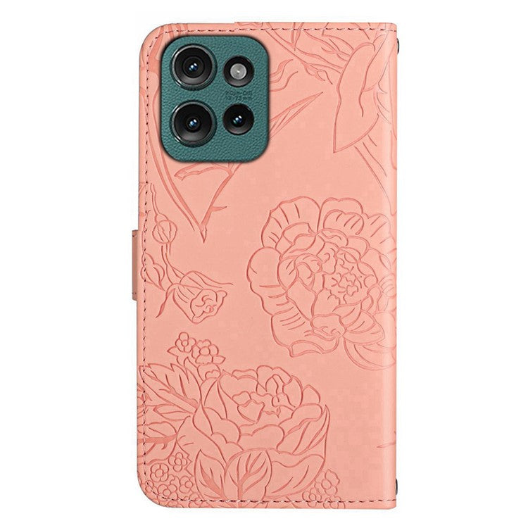 HT03 For Motorola Edge 50 Neo 5G / Moto S50 5G / Thinkphone 25 5G Case Butterfly Flower Imprint Leather Phone Cover with Strap - Pink