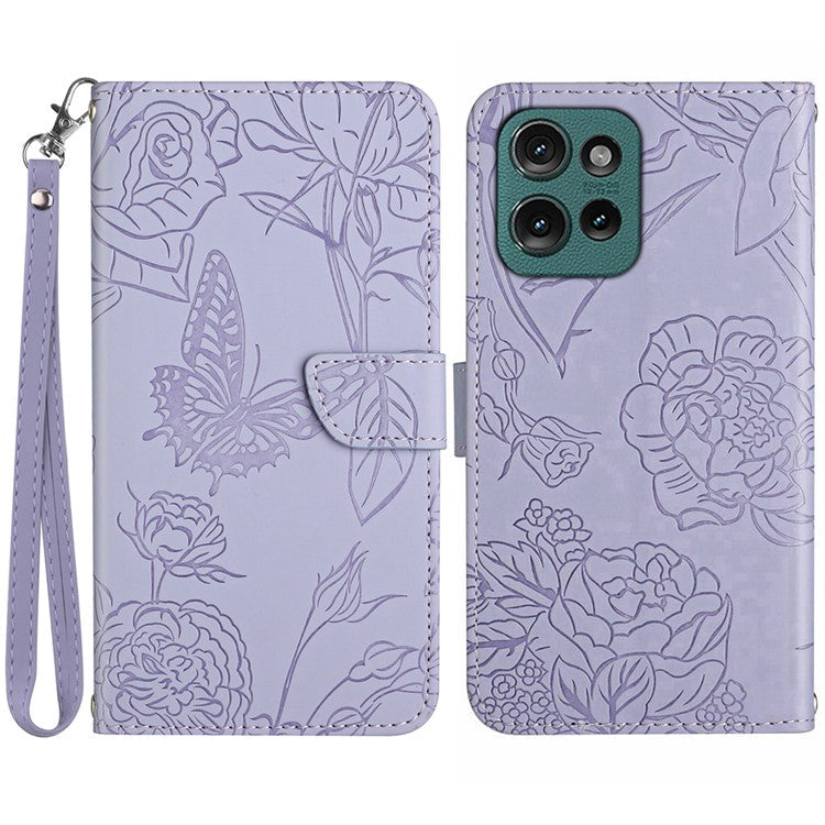 HT03 For Motorola Edge 50 Neo 5G / Moto S50 5G / Thinkphone 25 5G Case Butterfly Flower Imprint Leather Phone Cover with Strap - Purple