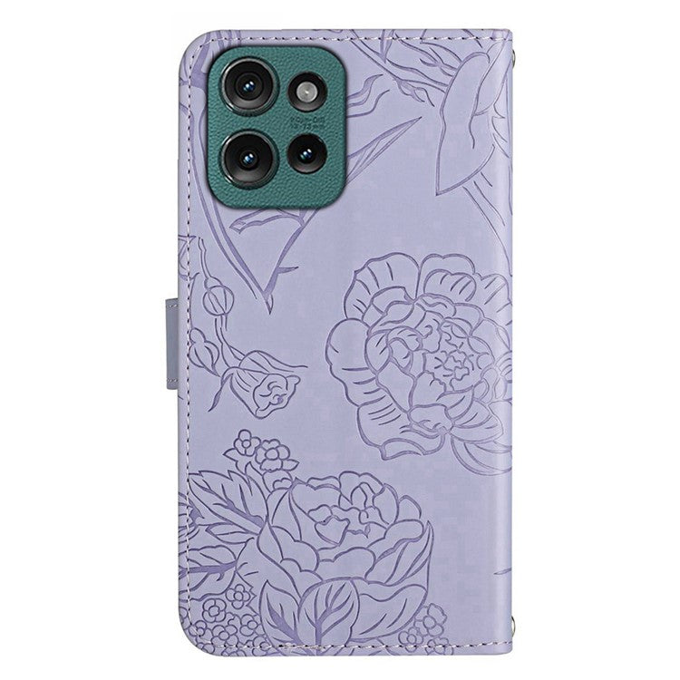 HT03 For Motorola Edge 50 Neo 5G / Moto S50 5G / Thinkphone 25 5G Case Butterfly Flower Imprint Leather Phone Cover with Strap - Purple