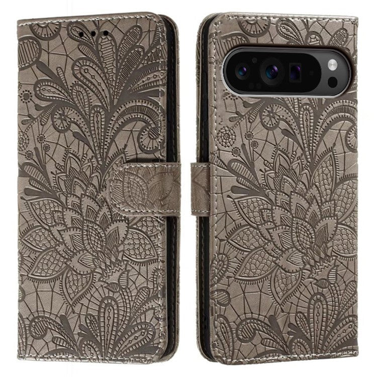 For Google Pixel 9 Pro XL Case Lace Flowers PU Leather Flip Wallet Phone Cover - Grey