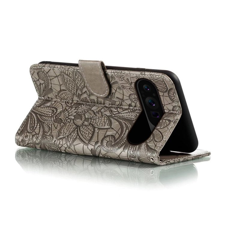 For Google Pixel 9 Pro XL Case Lace Flowers PU Leather Flip Wallet Phone Cover - Grey