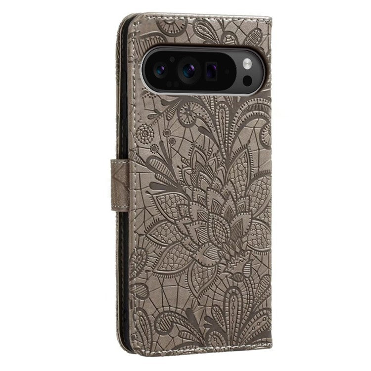 For Google Pixel 9 Pro XL Case Lace Flowers PU Leather Flip Wallet Phone Cover - Grey