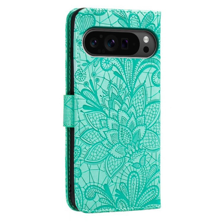 For Google Pixel 9 Pro XL Case Lace Flowers PU Leather Flip Wallet Phone Cover - Green