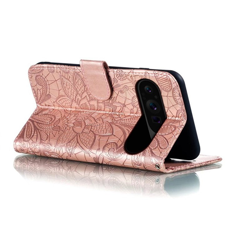 For Google Pixel 9 Pro XL Case Lace Flowers PU Leather Flip Wallet Phone Cover - Rose Gold