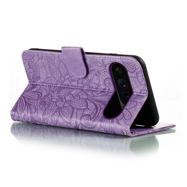 For Google Pixel 9 Pro XL Case Lace Flowers PU Leather Flip Wallet Phone Cover - Purple