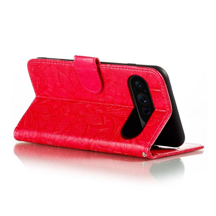 For Google Pixel 9 Pro XL Case Lace Flowers PU Leather Flip Wallet Phone Cover - Red