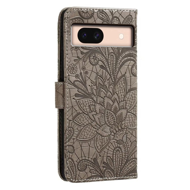 For Google Pixel 8a Case Lace Flowers PU Leather Flip Wallet Phone Cover - Grey