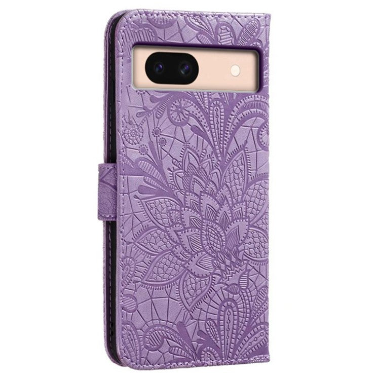 For Google Pixel 8a Case Lace Flowers PU Leather Flip Wallet Phone Cover - Purple