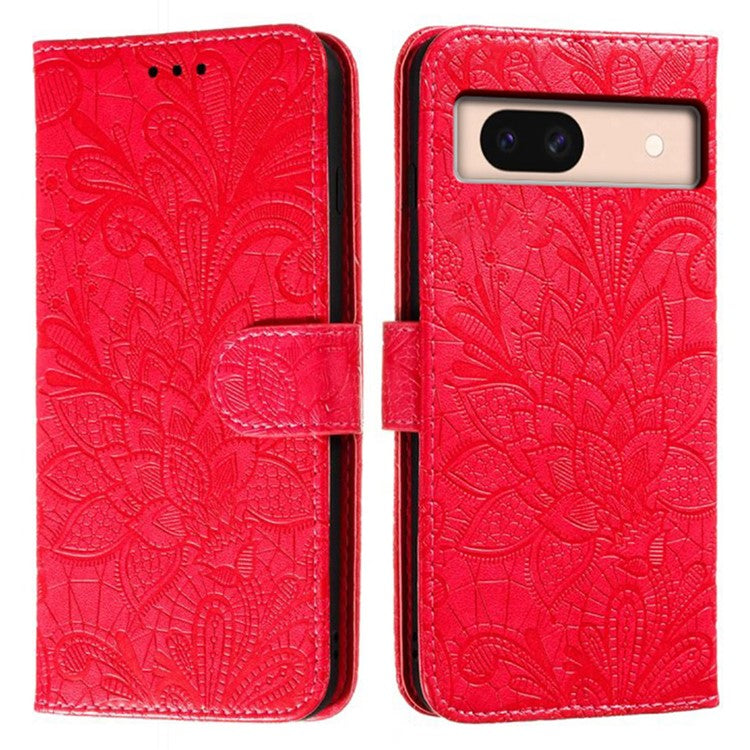 For Google Pixel 8a Case Lace Flowers PU Leather Flip Wallet Phone Cover - Red