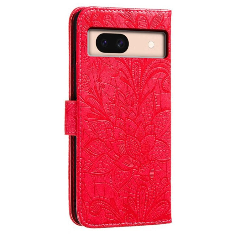 For Google Pixel 8a Case Lace Flowers PU Leather Flip Wallet Phone Cover - Red