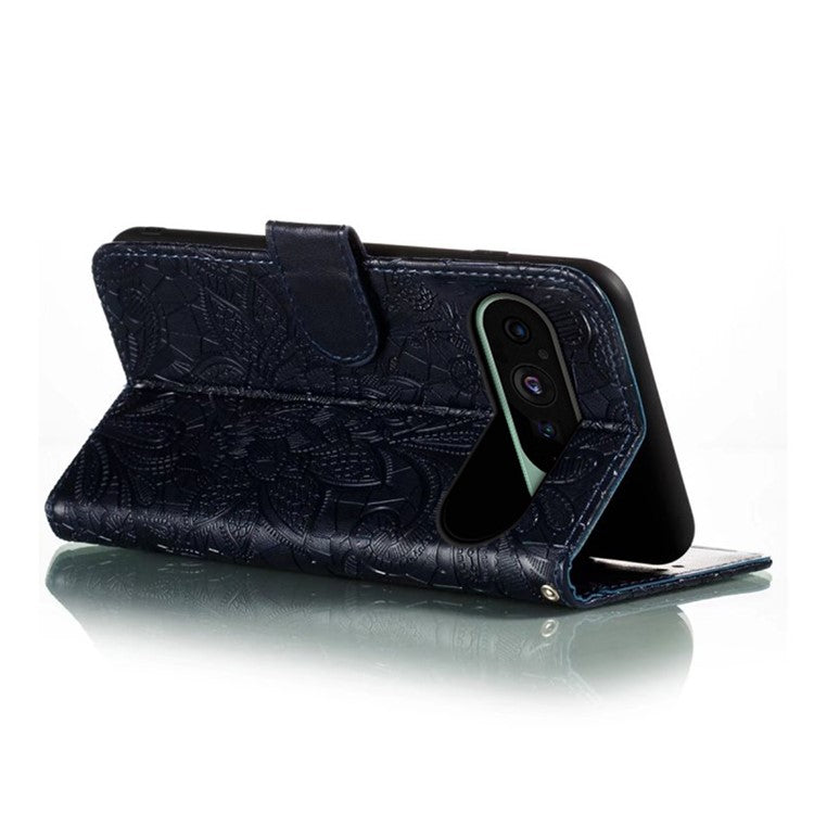 For Google Pixel 9 Pro / 9 Case Lace Flowers PU Leather Flip Wallet Phone Cover - Black