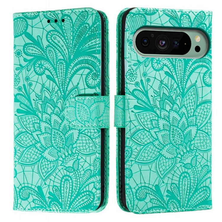 For Google Pixel 9 Pro / 9 Case Lace Flowers PU Leather Flip Wallet Phone Cover - Green