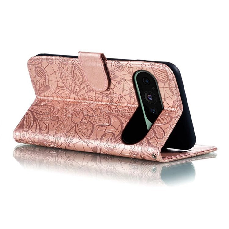 For Google Pixel 9 Pro / 9 Case Lace Flowers PU Leather Flip Wallet Phone Cover - Rose Gold