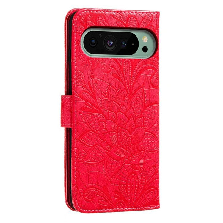 For Google Pixel 9 Pro / 9 Case Lace Flowers PU Leather Flip Wallet Phone Cover - Red